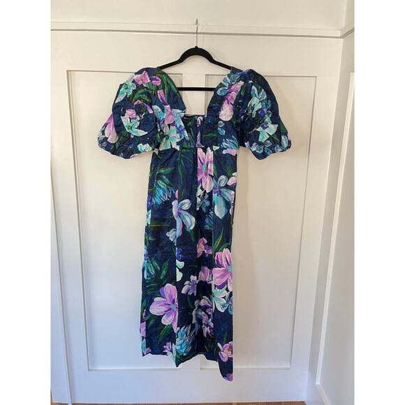 Farm Rio Maxi Dress Blue Floral Square Neck Puff Sleeve Midi M - Picture 3 of 6